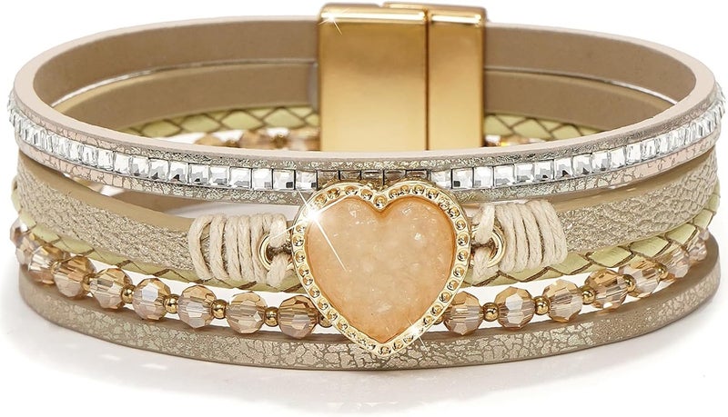 Suyi Multilayer Leather Wrap Bracelet Heart-Shape Wide Cuff Bracelets for Women - Image 1